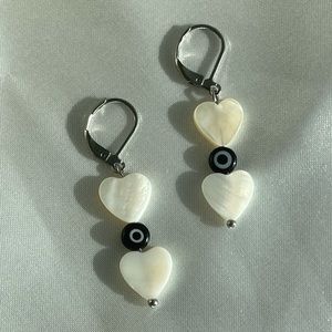 Evil eye heart shell pearl stainless steel silver pearl earrings